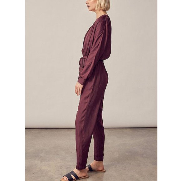 Wine Long Sleeve Tie Waist Satin Crepe Jumpsuit 2 - Picture 3 of 5